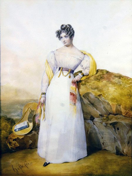 Hölgy portréja tájban (akvarell és gouache, velúr) alkotó: Henri Joseph Hesse
