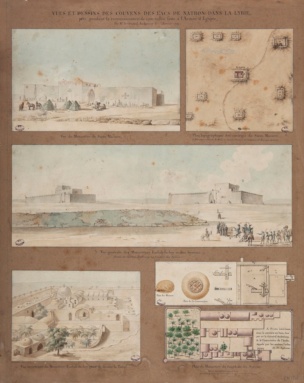 Hat nézet és rajz a líbiai Natron-tóról, az Andreossy tábornok vezette egyiptomi hadsereg felderítő küldetése során készült, 1799 (toll, tinta és wc papíron) alkotó: Pierre Joseph Redouté