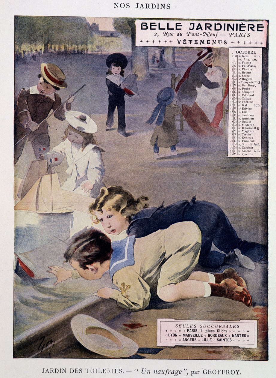 Gyerekek csónakkal játszanak a Tuileriák kertjében, Jean Geoffroy (1853-1924), "" Belle Jardiniere" naptár", "" Nos Jardins" sorozat", október, n.d. v.1900. alkotó: Henri Jules Jean Geoffroy