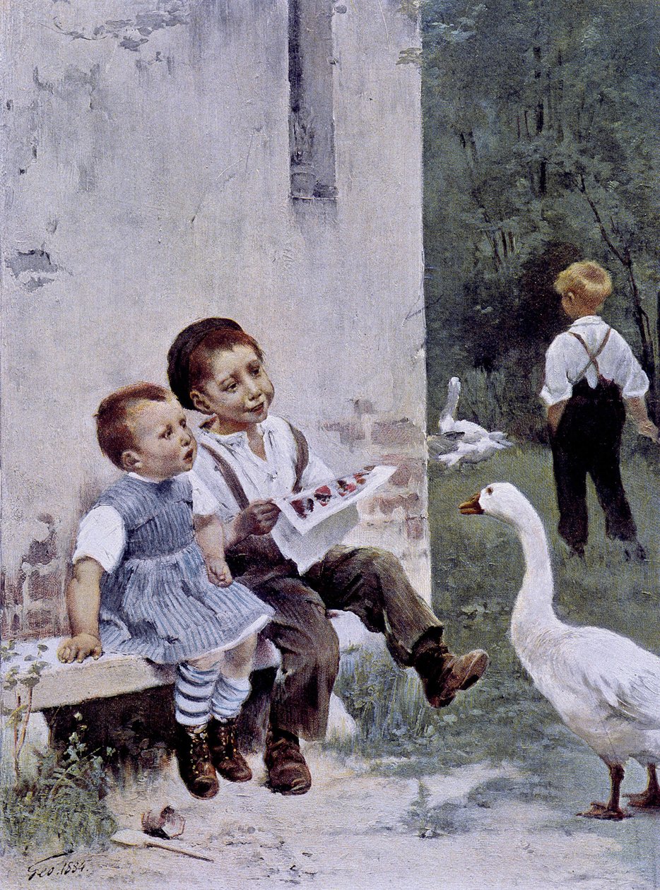 Oktatás: olvasó gyerekek és liba nézi őket - ill. Geoffroy: „Figaro Illustré””, 1901. május alkotó: Henri Jules Jean Geoffroy