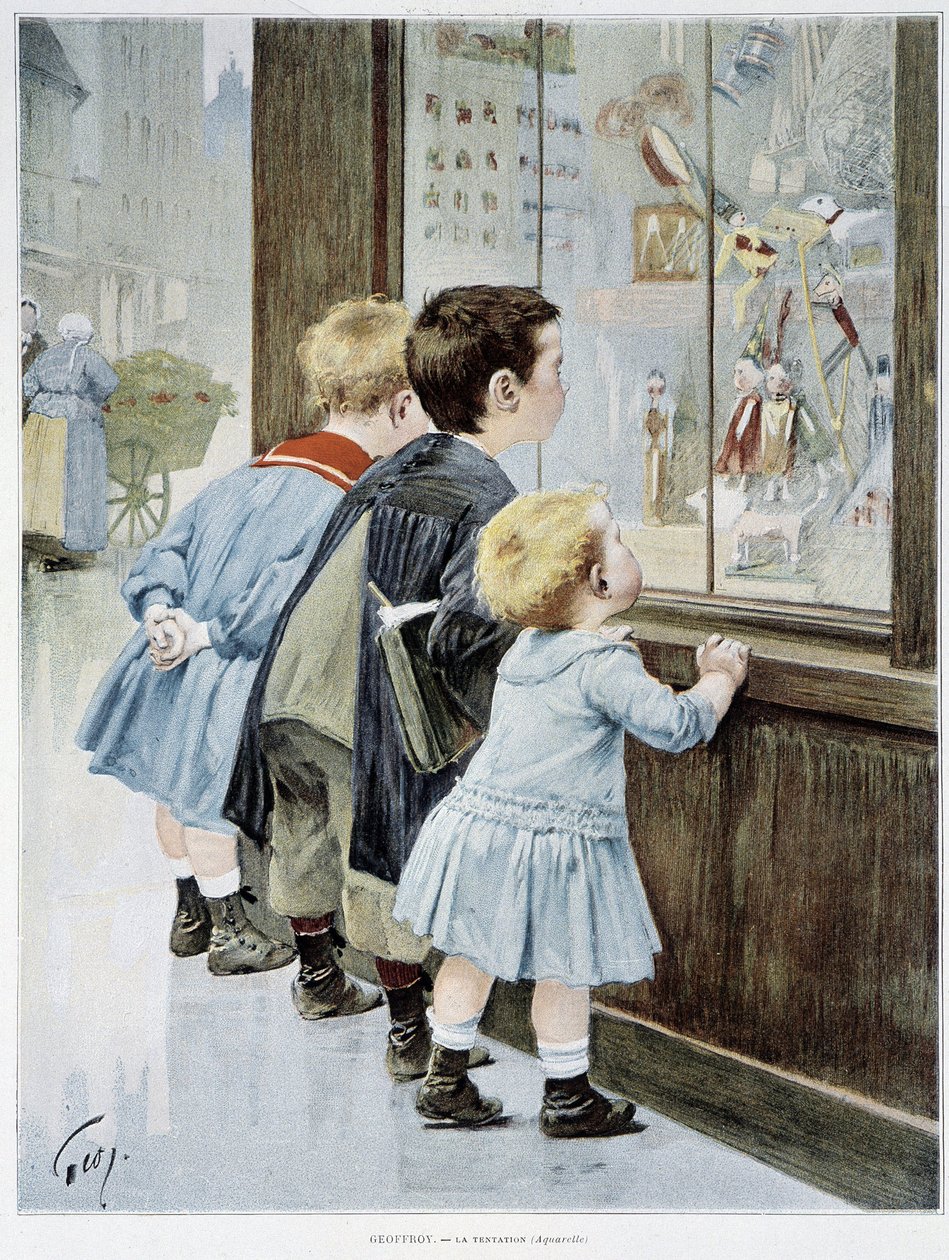 La Temptation: Gyerekek a kirakat előtt játékokat nézegetve - ill. Geoffroy, „” Figaro illusztrált”” alkotó: Henri Jules Jean Geoffroy
