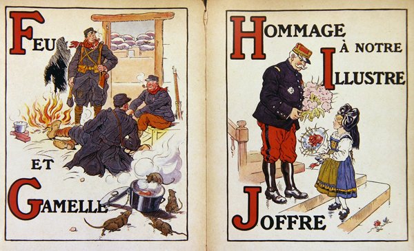 Tűz és rendetlenség ón, és tisztelgés Joffre marsall előtt, illusztráció az Alphabet de la Guerre-ből alkotó: Henri Lanos