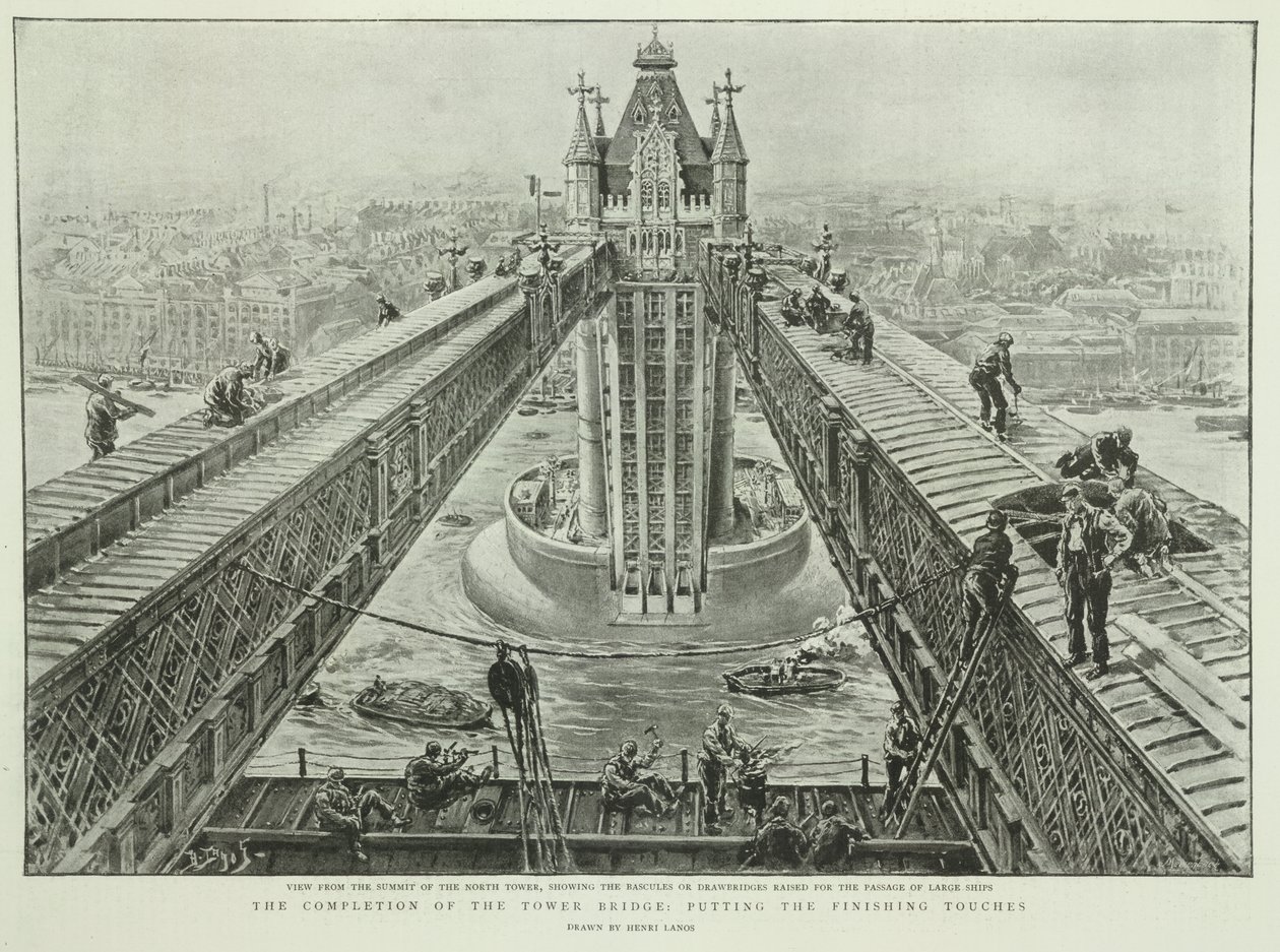 A Tower Bridge befejezése: az utolsó simítások, a Grafikából, 1894. június 23. (metszet) alkotó: Henri Lanos