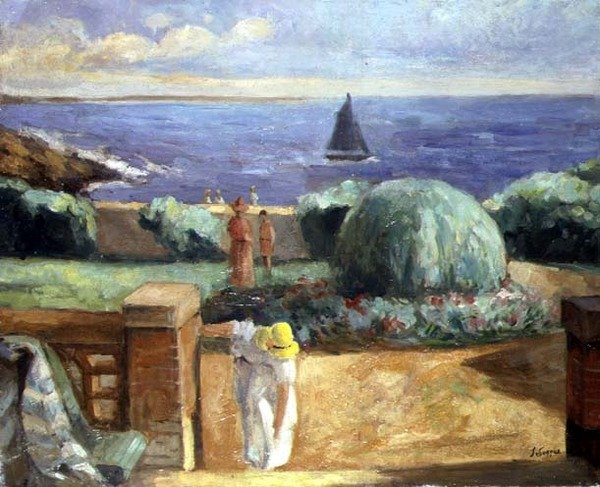 Nő a teraszon a Prefailles-ben alkotó: Henri Lebasque
