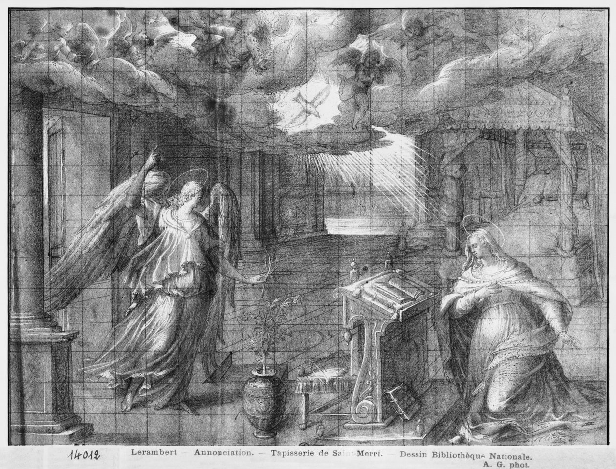 Krisztus élete, Angyali üdvözlet, gobelin-rajzfilm előkészítő tanulmánya a párizsi Saint-Merri templom számára, 1585-90 körül (pierre noire, mosás és fehér kiemelések a papíron) alkotó: Henri Lerambert