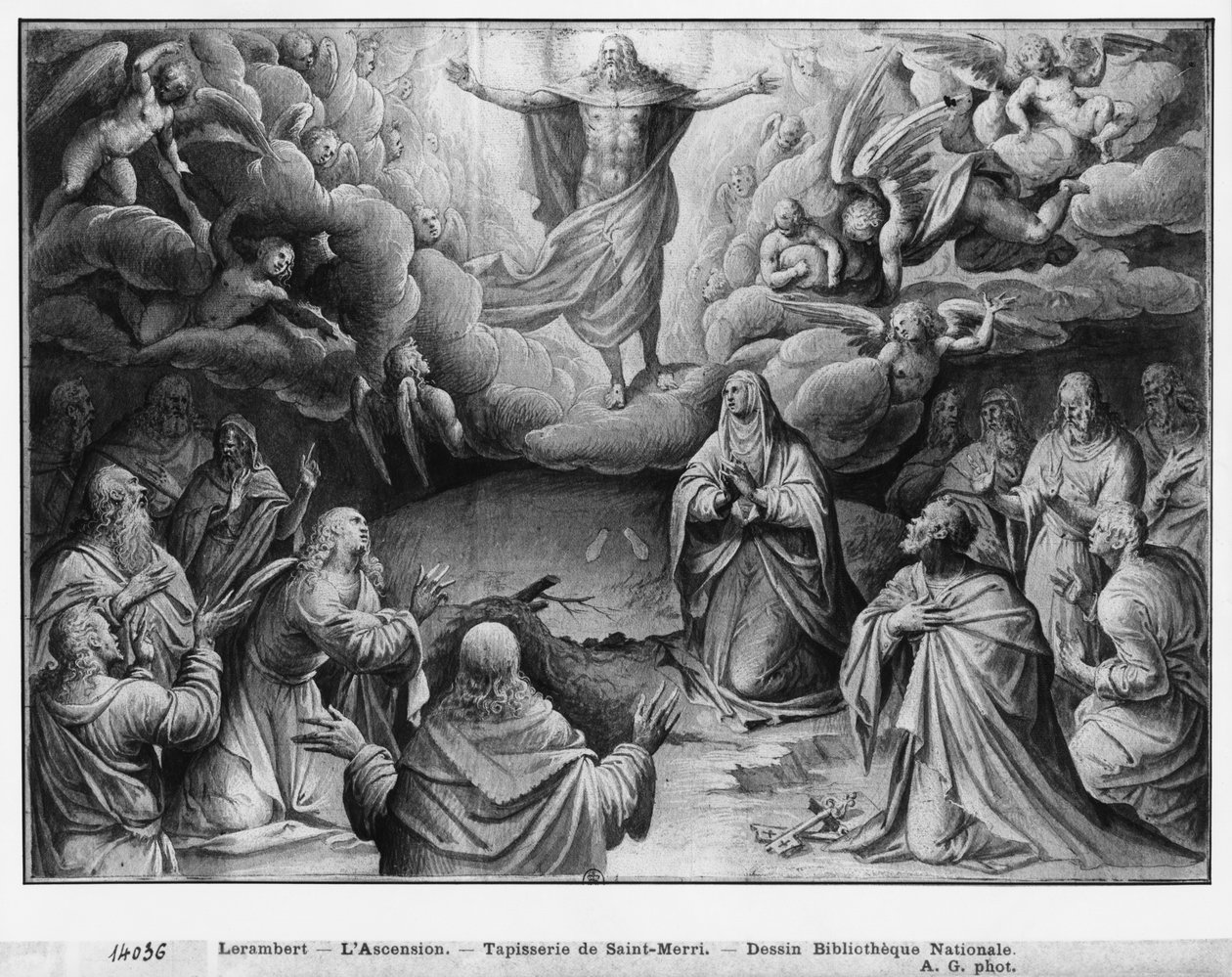 Krisztus élete, mennybemenetel, a párizsi Saint-Merri templom számára készült faliszőnyeg-karikatúra előkészítő tanulmánya, 1585-90 körül (pierre noire és mosás és fehér kiemelések, papír) alkotó: Henri Lerambert