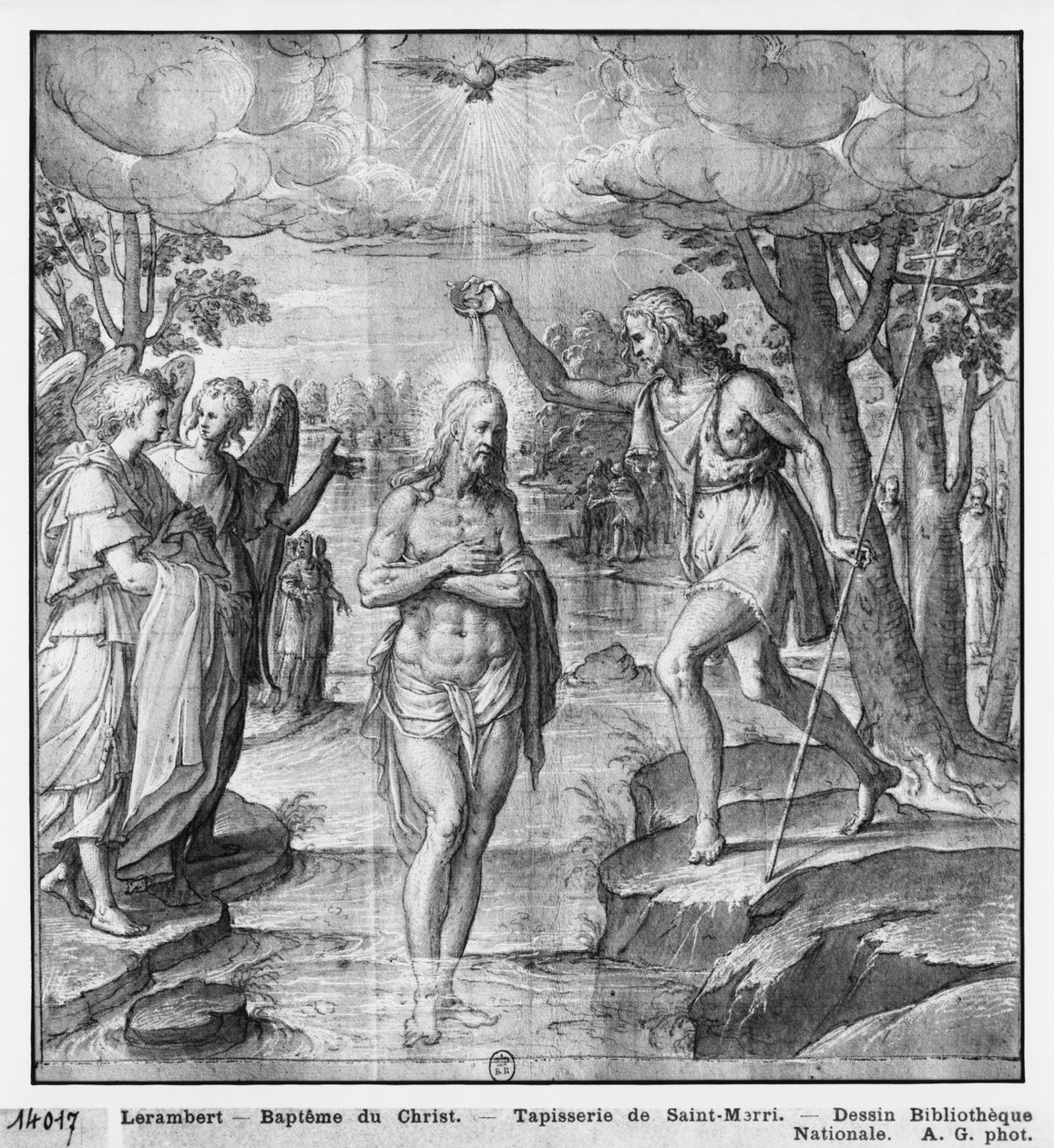 Krisztus élete, Krisztus megkeresztelkedése, a párizsi Saint-Merri templom kárpitrajzfilmjének előkészítő tanulmányozása, 1585-90 körül (pierre noire, mosás és fehér kiemelések a papíron) alkotó: Henri Lerambert