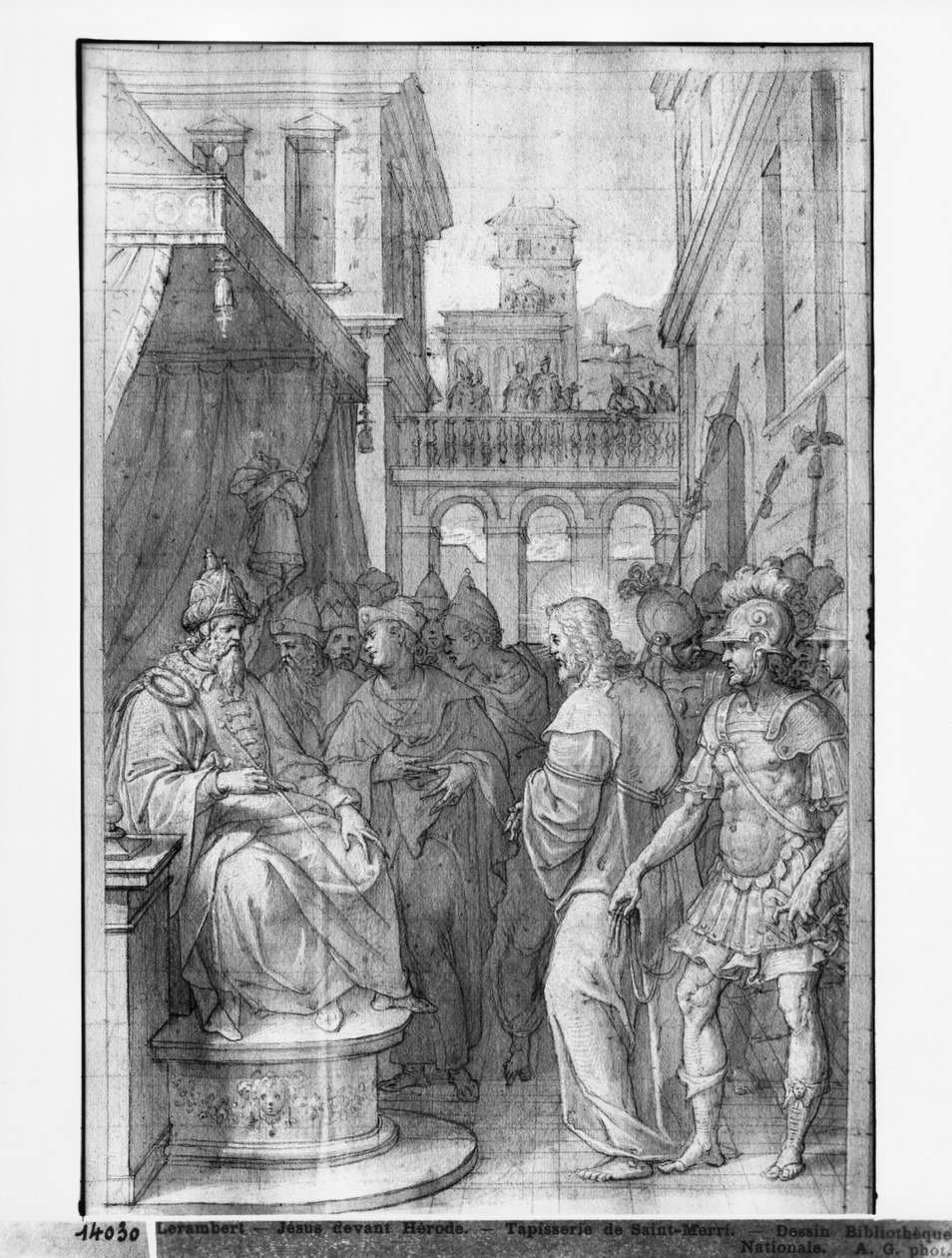 Krisztus élete, Krisztus Heródes előtt, gobelin-rajzfilm előkészítő tanulmánya a párizsi Saint-Merri templom számára, 1585-90 körül (pierre noire, mosás és fehér kiemelések a papíron) alkotó: Henri Lerambert