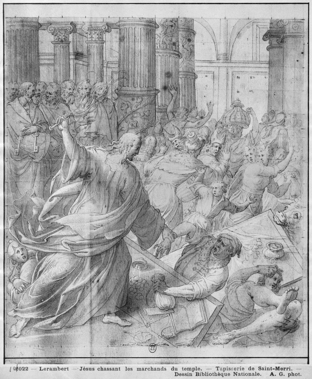 Krisztus élete, Jézus üldözi a kereskedőket a templomból, gobelin-rajzfilm előkészítő tanulmányozása a párizsi Saint-Merri templomhoz, 1585-90 körül (pierre noire und wash és fehér kiemelések a papíron) alkotó: Henri Lerambert