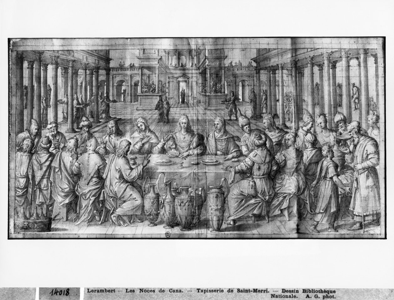 Krisztus élete, kánai menyegző, a párizsi Saint-Merri-templom számára készült faliszőnyeg-karikatúra előkészítő tanulmánya, 1585-90 körül (pierre noire és mosás és fehér kiemelések, papír) alkotó: Henri Lerambert