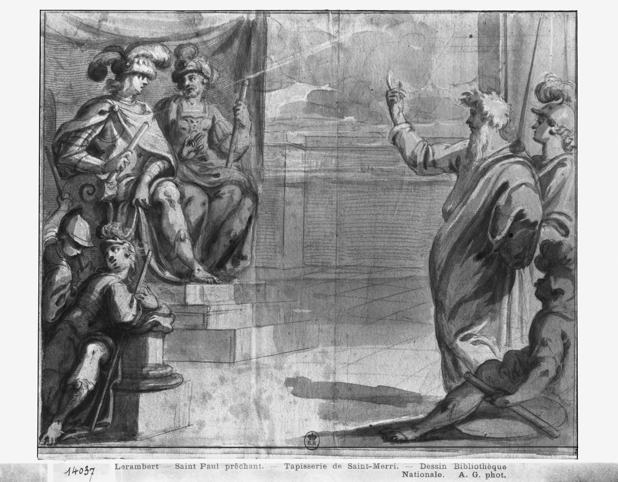 Krisztus élete, Szent Pál prédikáció, gobelinrajzfilm előkészítő tanulmányozása a párizsi Saint-Merri templom számára, 1585-90 körül (pierre noire und wash és fehér kiemelések a papíron) alkotó: Henri Lerambert