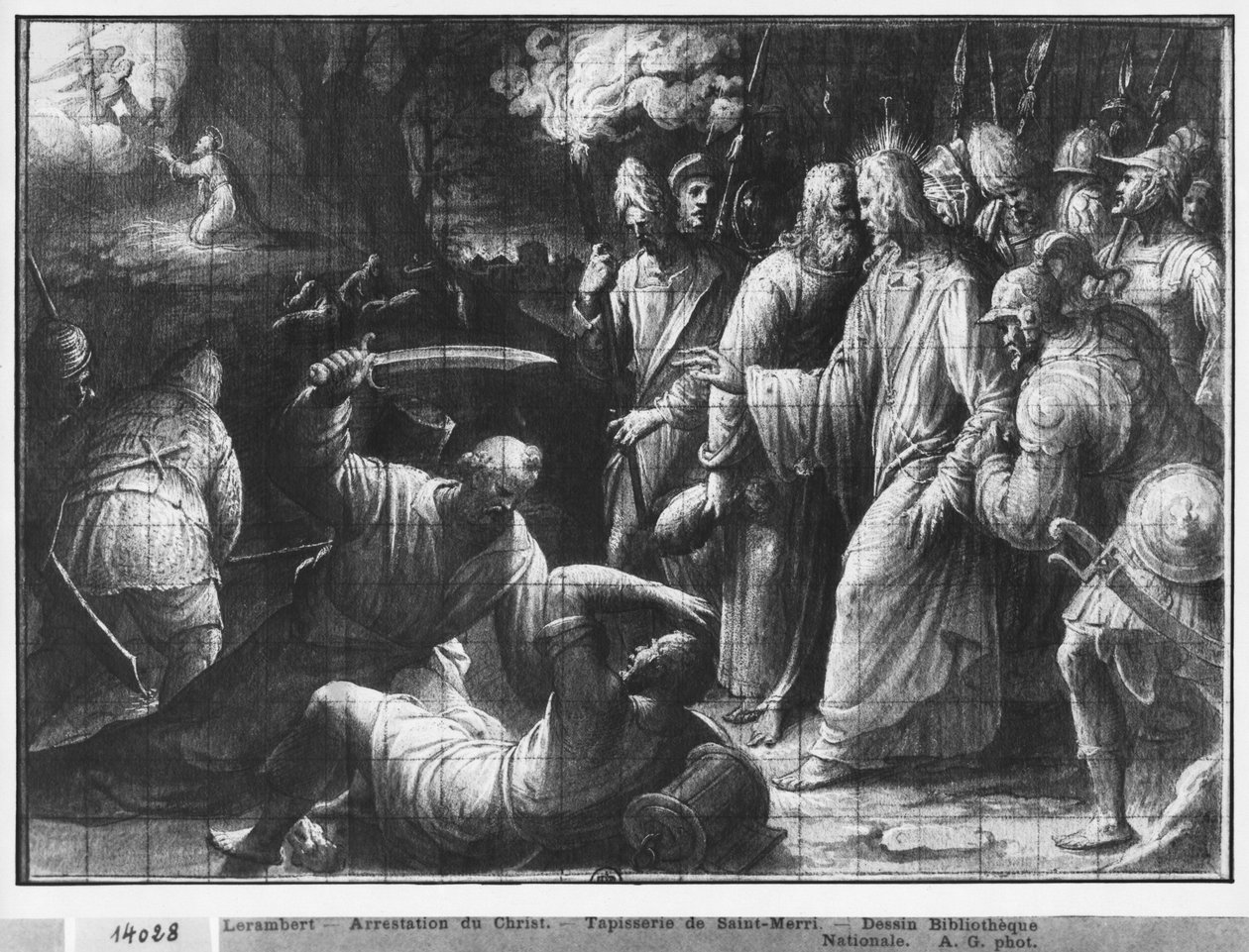 Krisztus élete, Krisztus letartóztatása, gobelin-rajzfilm előkészítő tanulmánya a párizsi Saint-Merri templom számára, 1585-90 körül (pierre noire und wash és fehér kiemelések a papíron) alkotó: Henri Lerambert