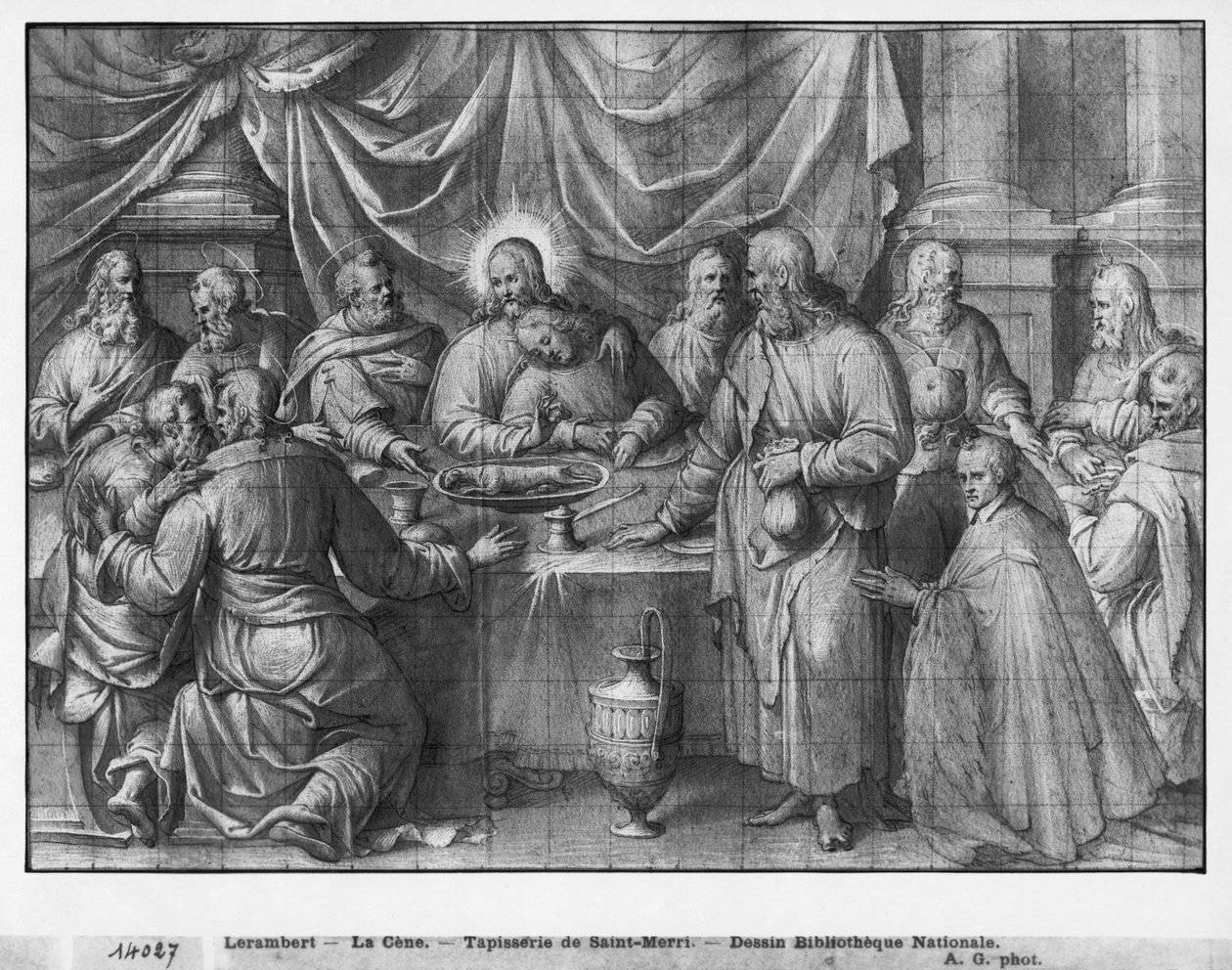 Krisztus élete, az utolsó vacsora, a párizsi Saint-Merri-templom számára készült faliszőnyeg-karikatúra előkészítő tanulmánya, 1585-90 körül (pierre noire és mosás és fehér kiemelések, papír) alkotó: Henri Lerambert