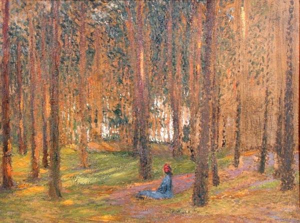 Egy sétáló ül az erdőben, 1890 körül (olaj a fedélzeten) alkotó: Henri Martin