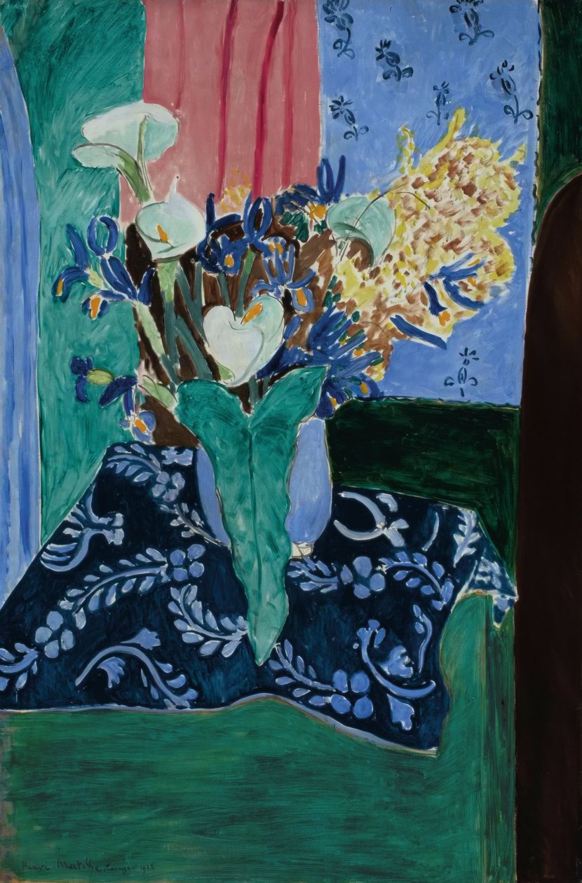 Arum, írisz és mimózák (Virágok kék vázában kék terítőn) alkotó: Henri Matisse