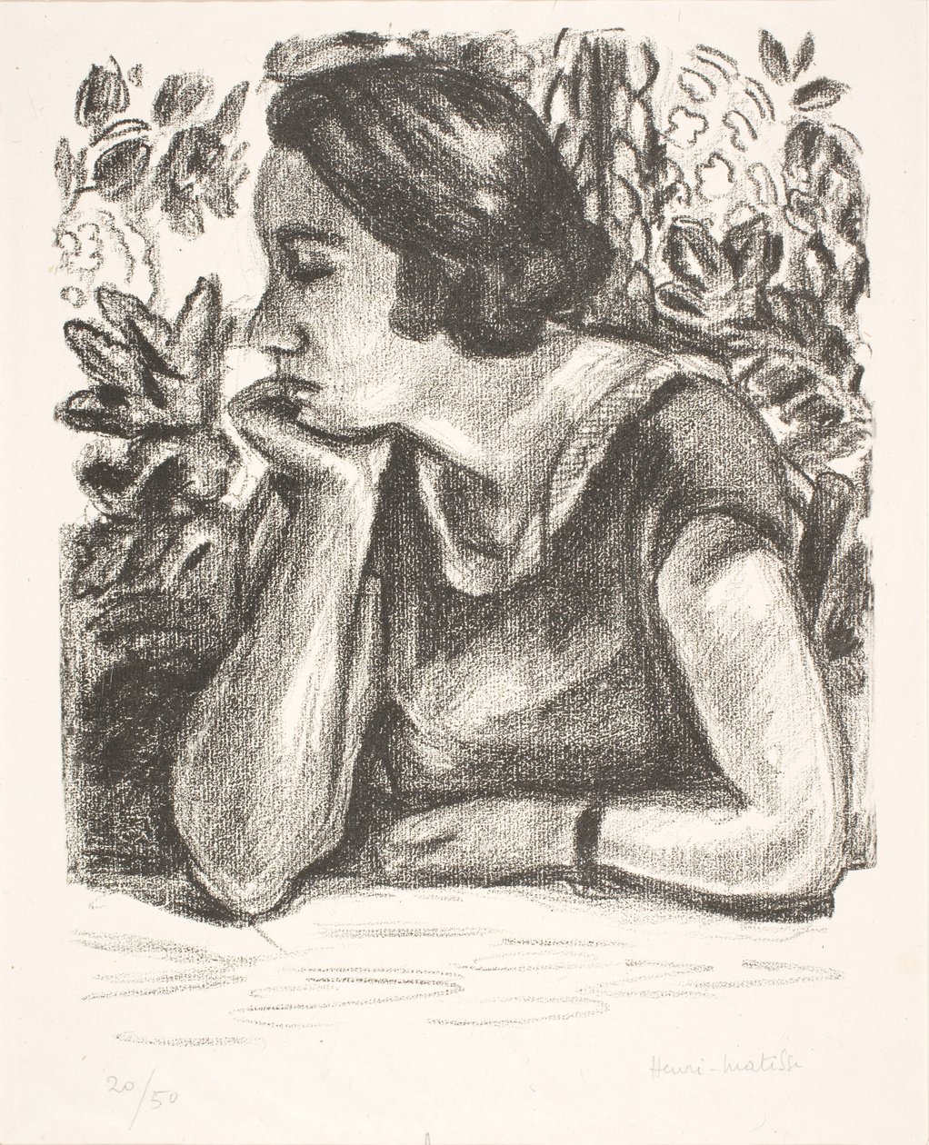 Egy hölgy mellképképe, aki az állát a jobb kezére támasztja alkotó: Henri Matisse