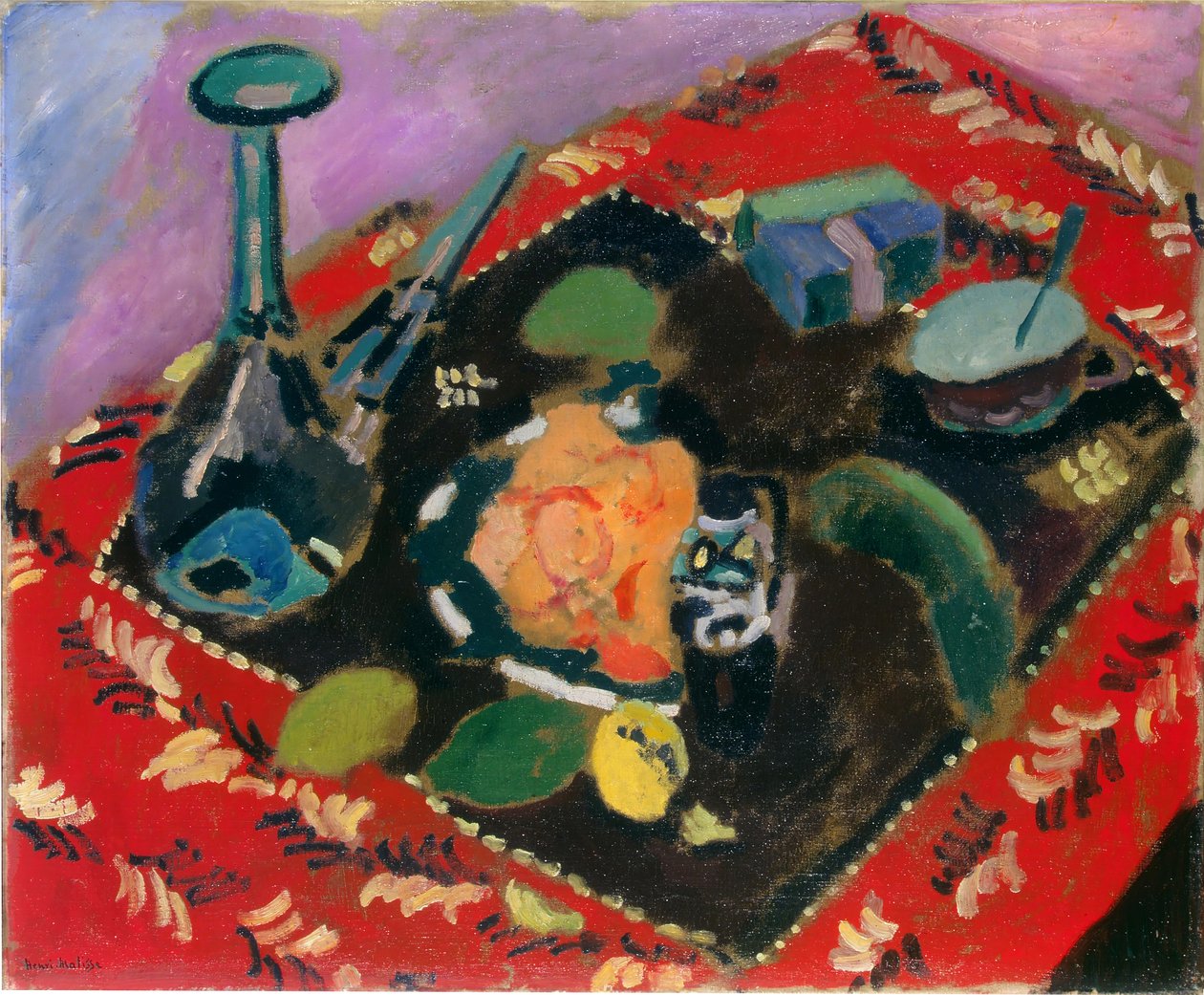 Edények és gyümölcsök egy vörös és fekete szőnyegen (Le Tapis Rouge) alkotó: Henri Matisse