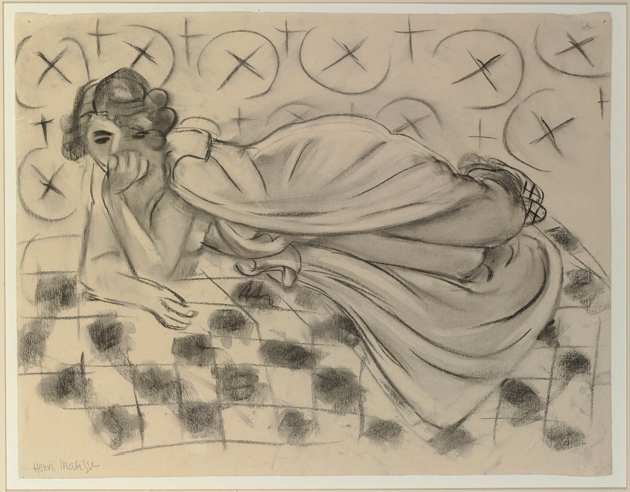 Fekete kockás kanapén fekvő, drapírozott figura alkotó: Henri Matisse