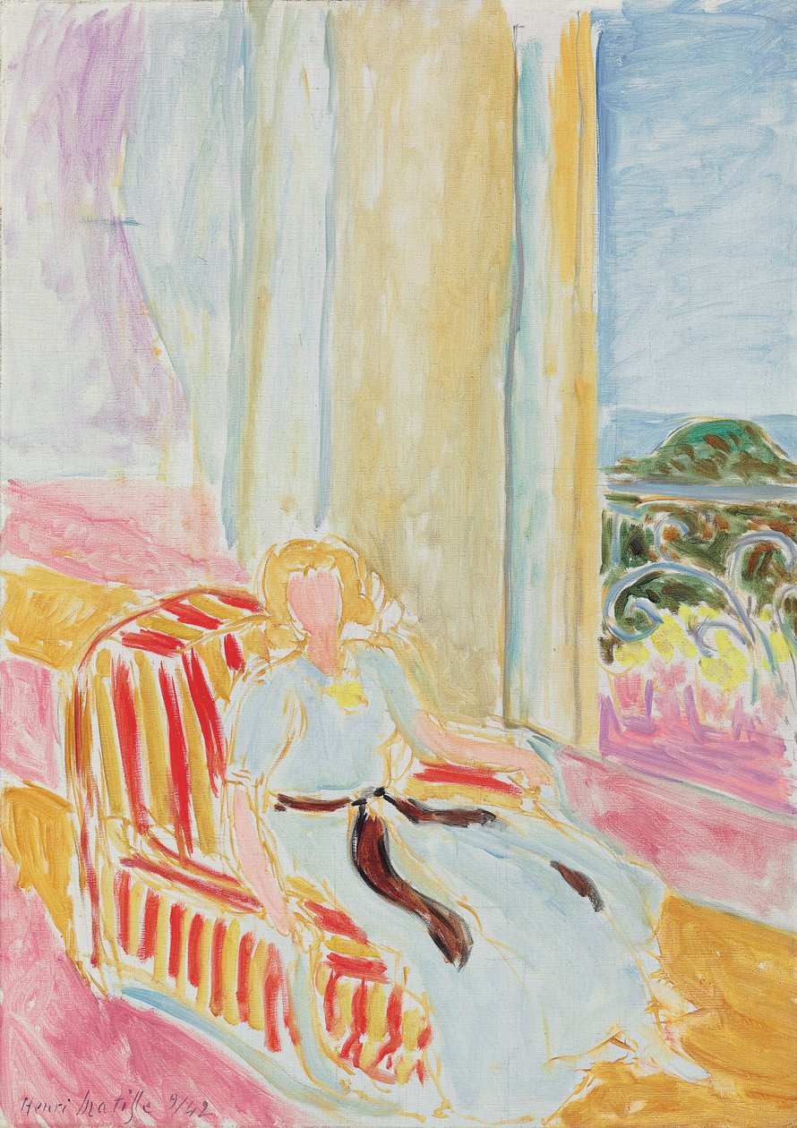 Lány fehér ruhában, az ablak mellett ülve alkotó: Henri Matisse