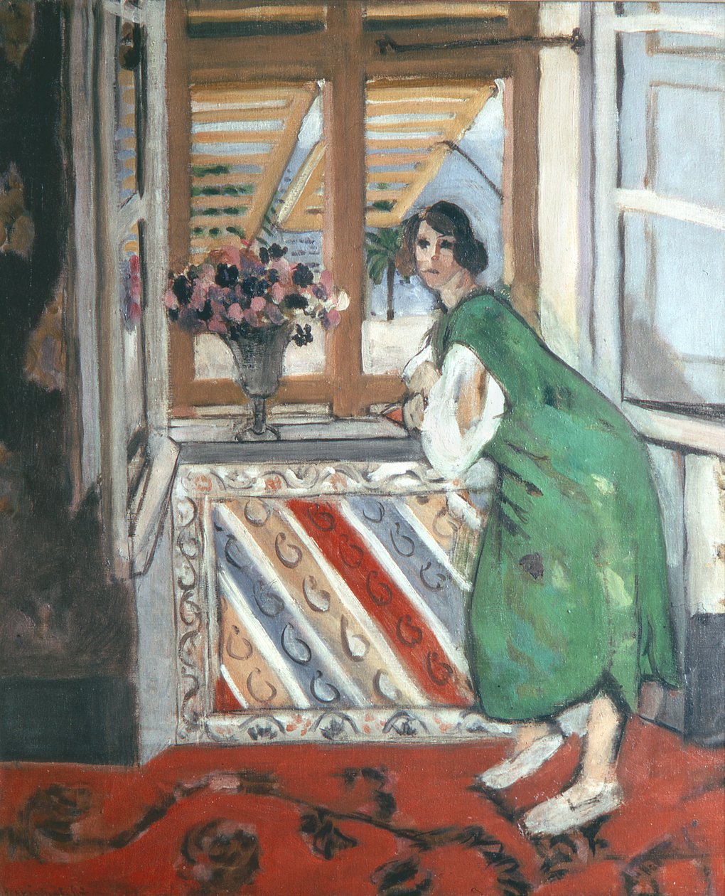 Belső tér Nizzában: Fiatal nő zöld ruhában az ablaknál támaszkodva alkotó: Henri Matisse