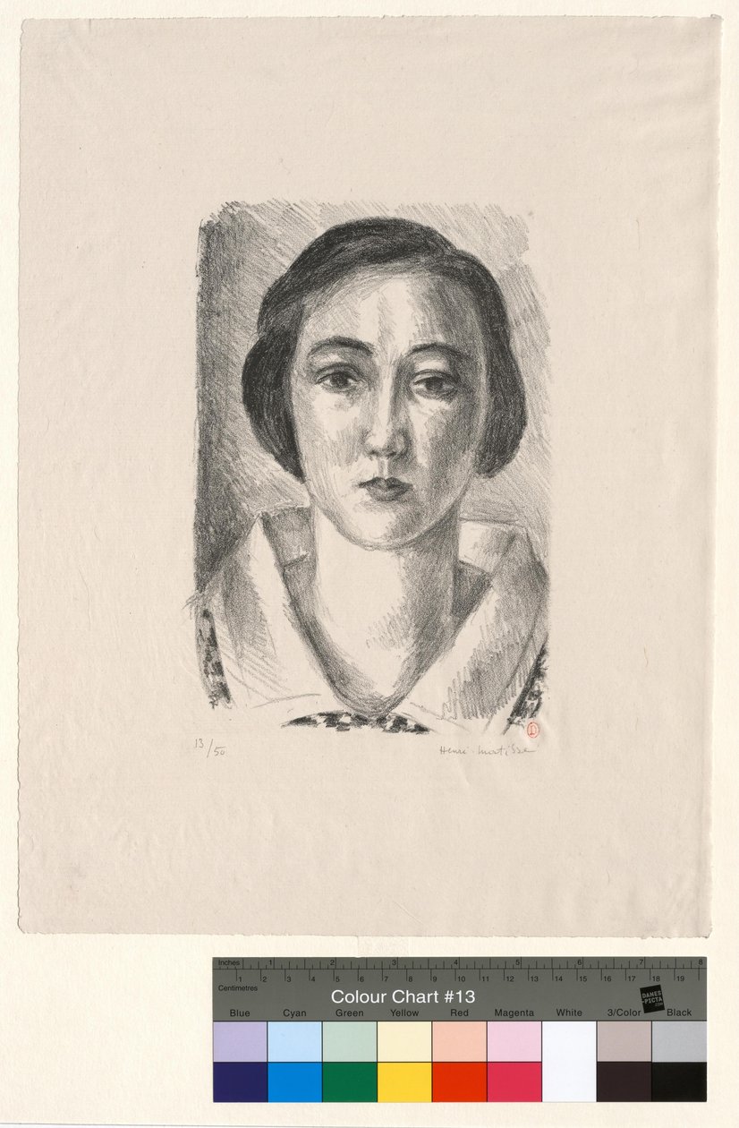 Fiatal lány virágmintás ruhában, organdigallérral alkotó: Henri Matisse
