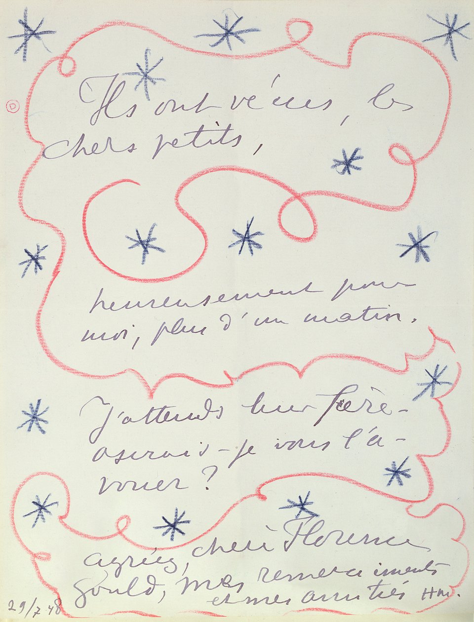 A festő levele Florence Gouldnak (szül. 1895), 1948. július 29. (toll és zsírkréta, papír) alkotó: Henri Matisse