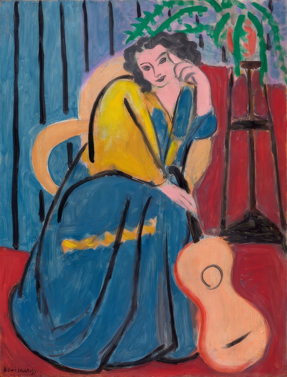 Lány sárga és kék színben gitárral alkotó: Henri Matisse