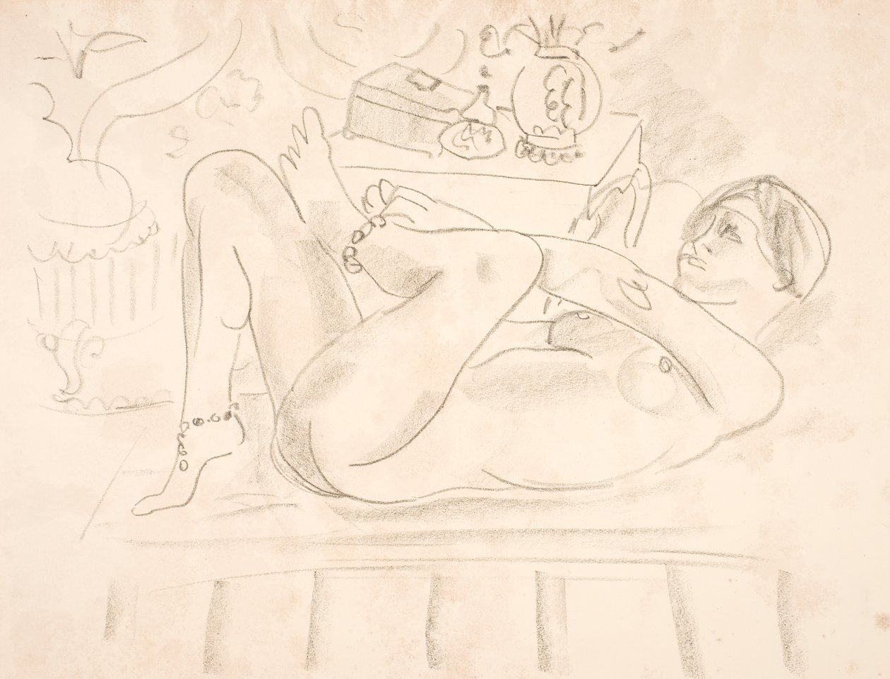 Meztelen nő, hanyatt fekve, bokáin gyöngysorokkal (odaliszk) alkotó: Henri Matisse