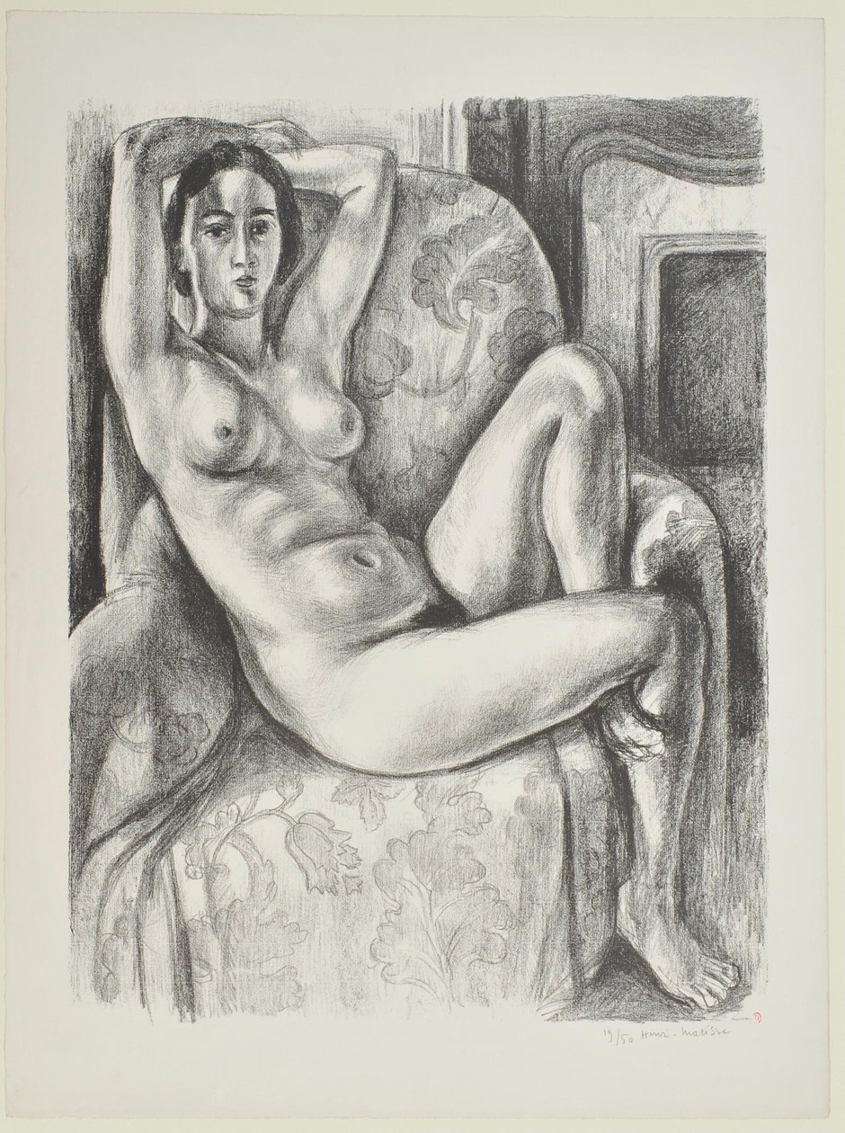 Akt kék párnával egy kandalló mellett alkotó: Henri Matisse
