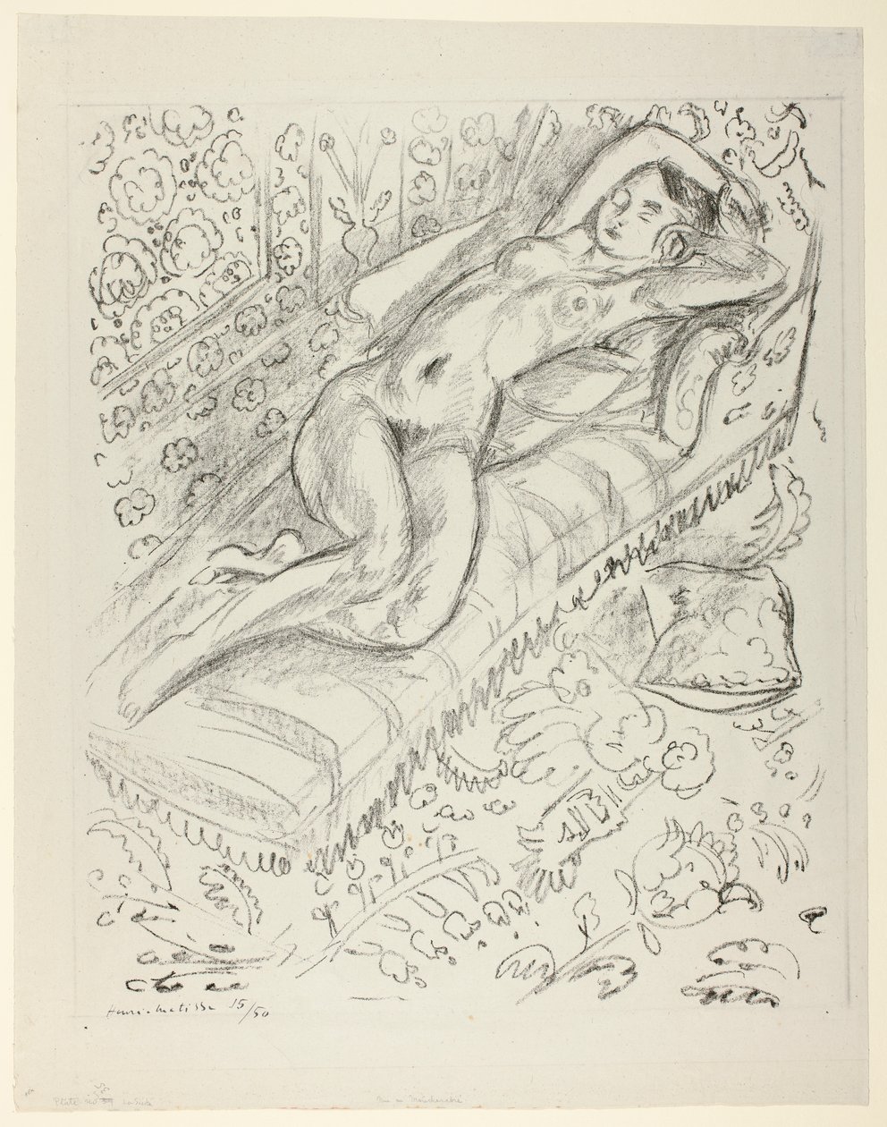 Pihenő akt heverőn, masrabíja-háttérrel alkotó: Henri Matisse
