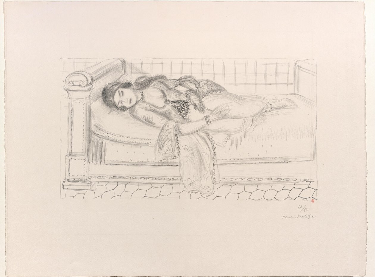 Keleti nő pihenőágyon, vörös csempés padlón alkotó: Henri Matisse