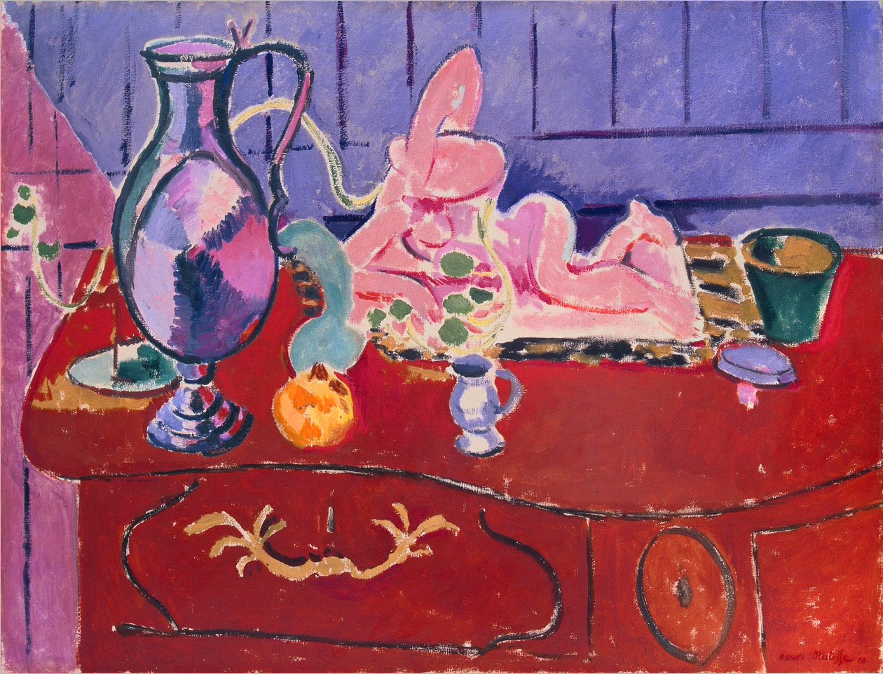 Rózsaszín szobrocska és kancsó egy piros komódon alkotó: Henri Matisse
