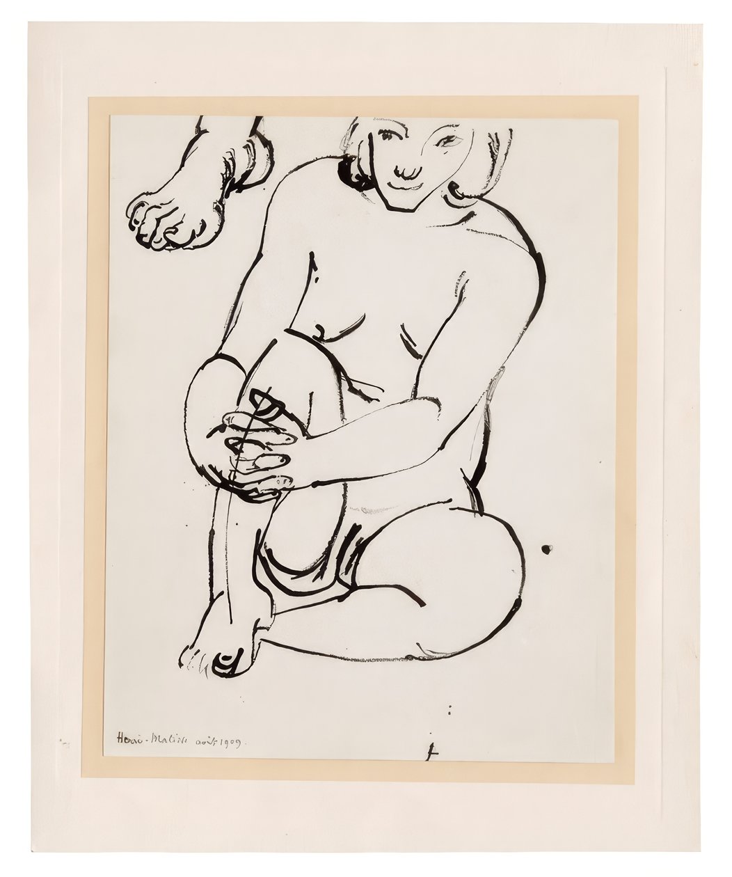 Ülő női akt, az egyik térdét tartva, lábvázlattal alkotó: Henri Matisse