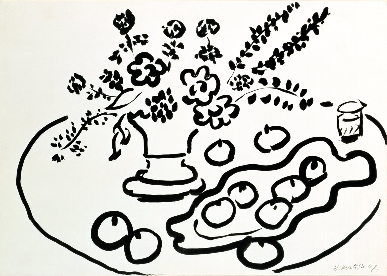 Csendélet virágvázával és gyümölcsös tányérral alkotó: Henri Matisse