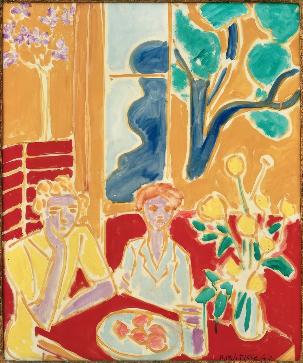 Két fiatal lány sárga és piros háttéren alkotó: Henri Matisse