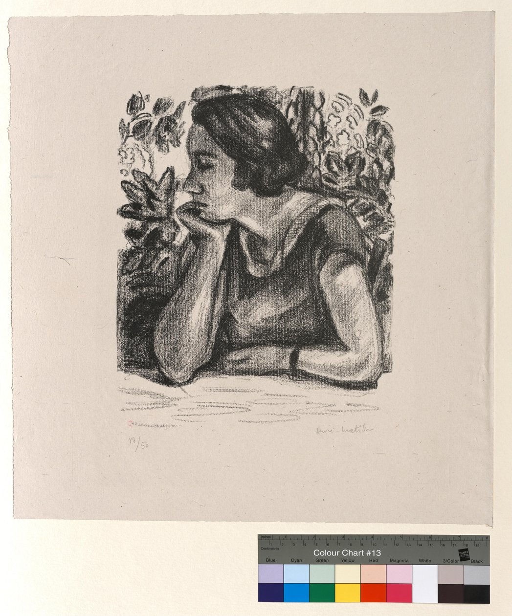Profilból látható arc, karra támaszkodva, XIV. Lajos-stílusú paraván alkotó: Henri Matisse