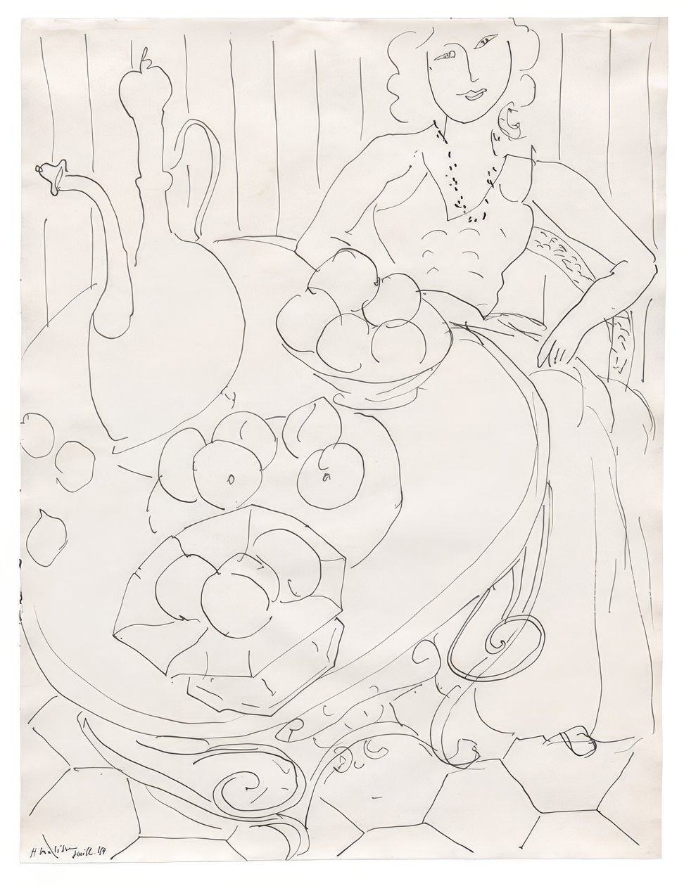 Egy asztalnál ülő nő gyümölcsökkel és kancsóval alkotó: Henri Matisse