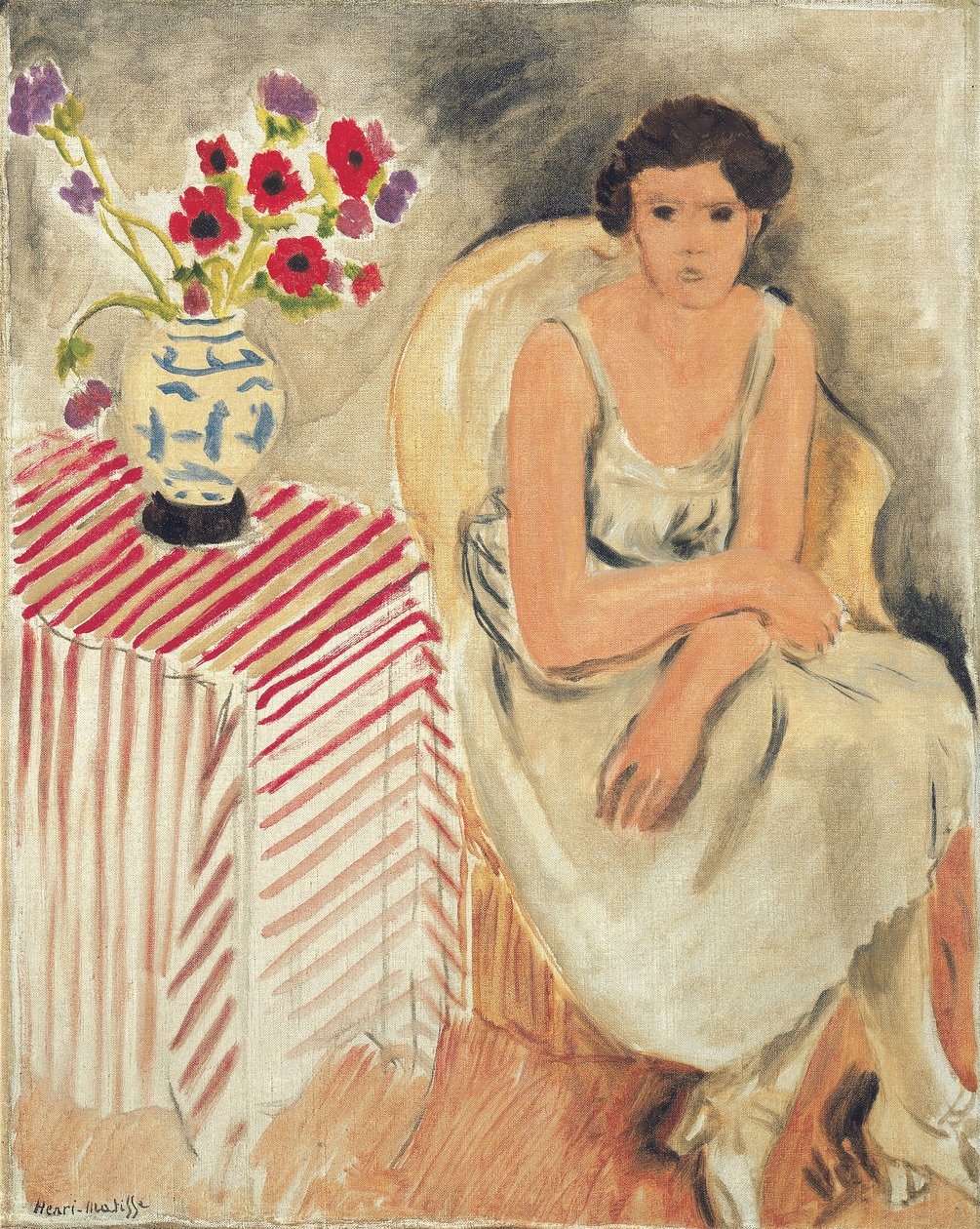 Nő egy széken - Virágok az asztalon, vagy szegfűk alkotó: Henri Matisse