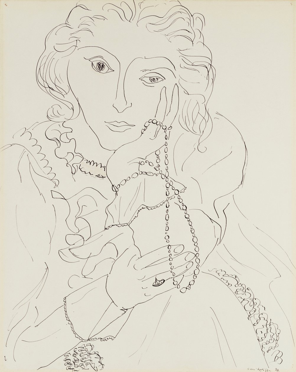 Nő fodros inggel és gyöngy nyaklánccal alkotó: Henri Matisse