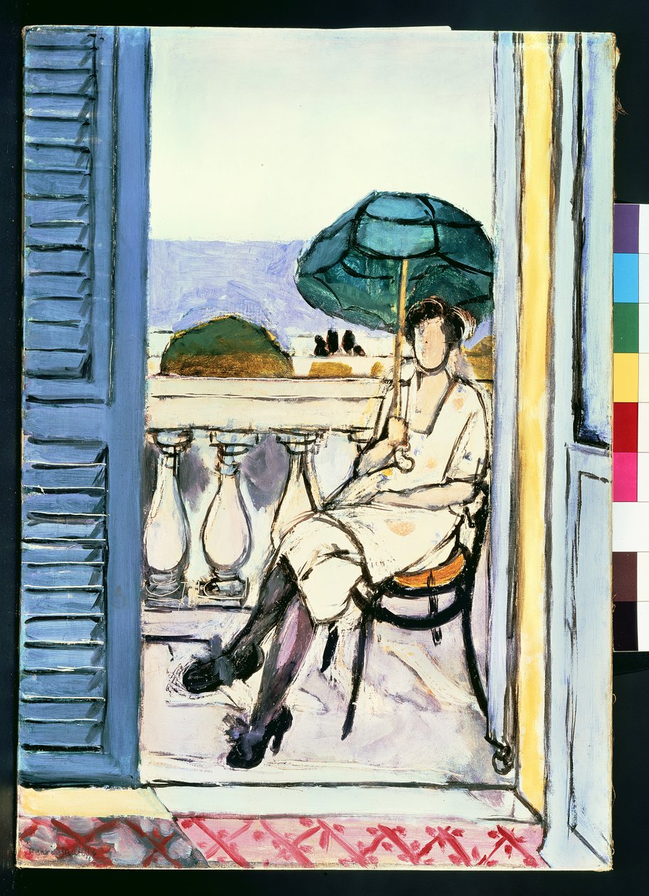 Nő egy zöld napernyővel egy erkélyen alkotó: Henri Matisse