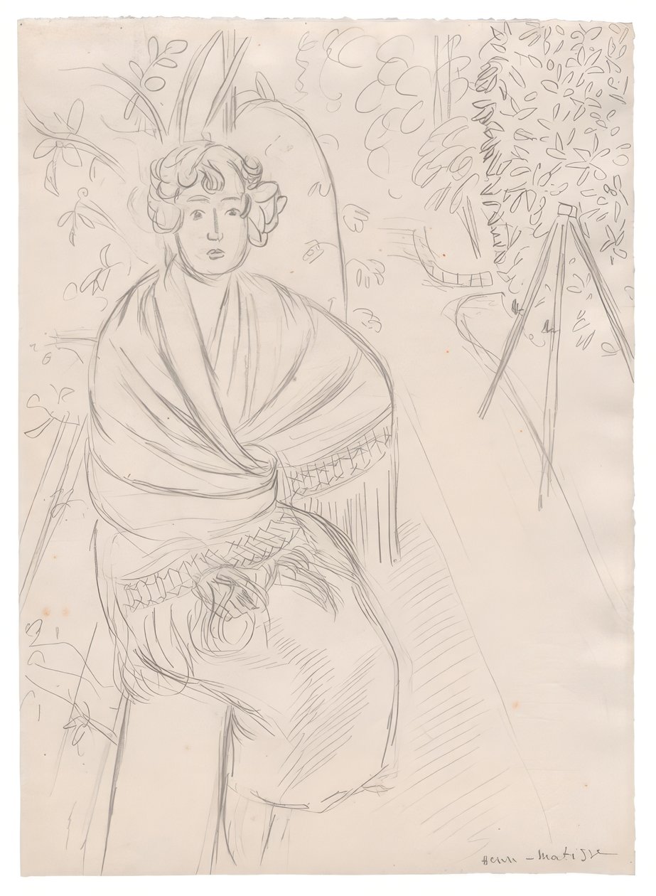 Nő kendővel, kertben, a kertben alkotó: Henri Matisse