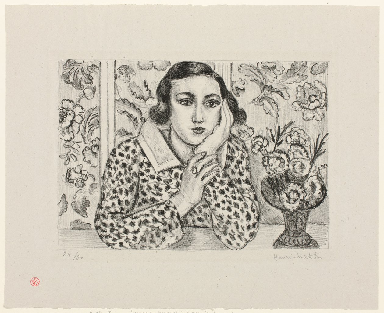 Virágos paraván mellett támaszkodó kislány alkotó: Henri Matisse