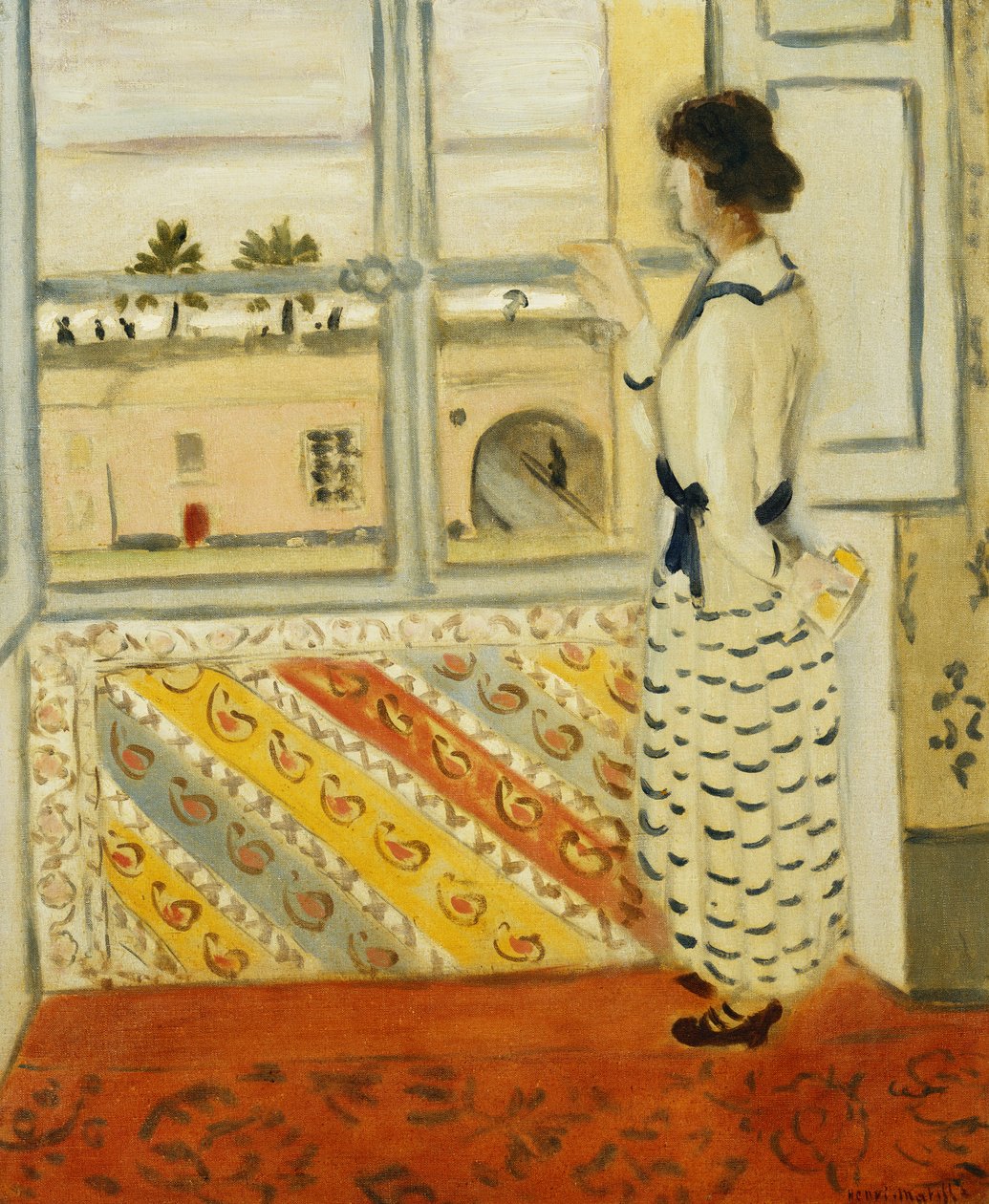 Fiatal nő az ablaknál, kék csíkos ruha alkotó: Henri Matisse