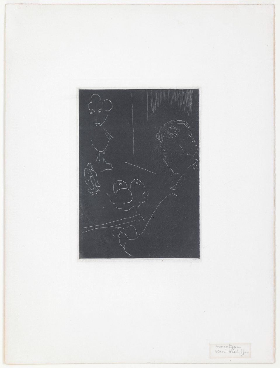 Fiatal nő enteriőrben gyümölcsökkel és szobrokkal alkotó: Henri Matisse