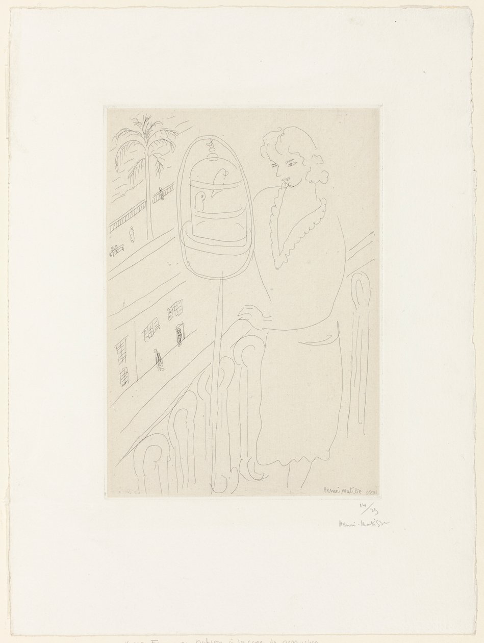Fiatal nő egy erkélyen, papagájokat nézve alkotó: Henri Matisse