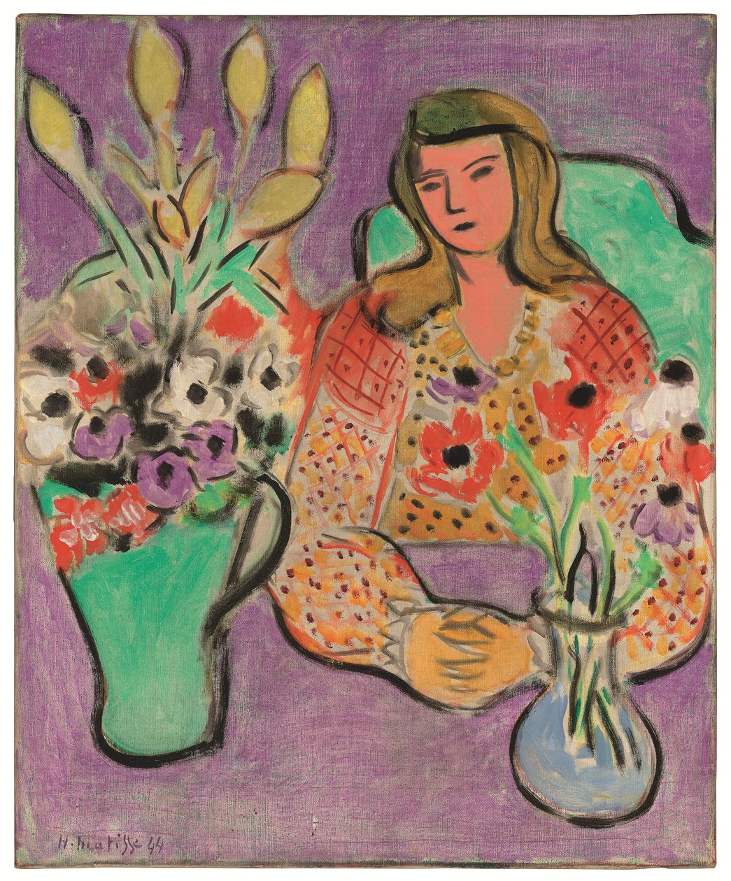 Fiatal nő anemónákkal lila háttéren alkotó: Henri Matisse