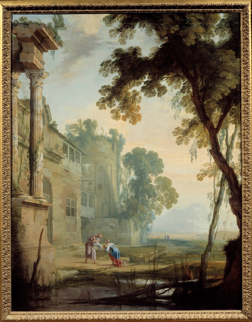 A táj a következőkből áll: egy nő, egy idős férfi és egy gyerek a római romok táján tóval. Henri Mauperche (1602-1688) festménye alkotó: Henri Mauperche