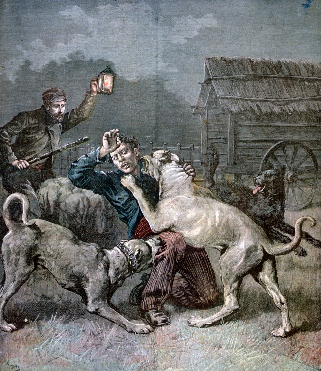 Egy bűnöző, akit három nagytestű kutya támadott meg, 1891 alkotó: Henri Meyer