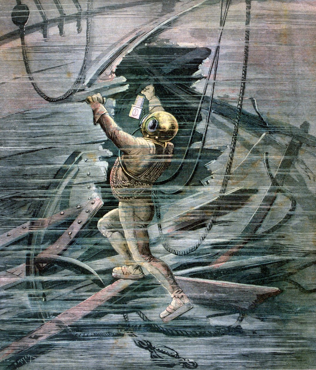 Egy búvár, aki egy roncsot keres a franciaországi La Havre kikötőjében, 1892 alkotó: Henri Meyer