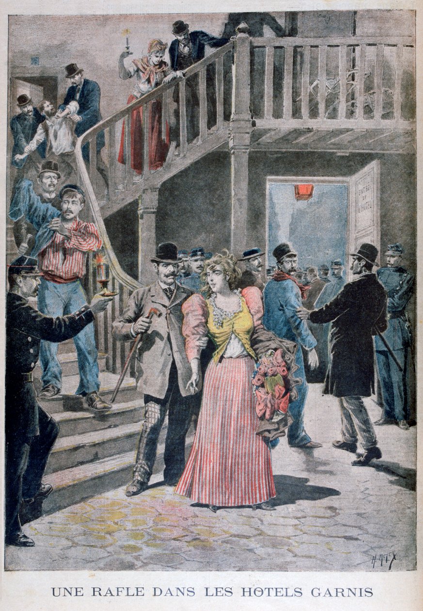 Prostituáltak letartóztatása egy párizsi szállodában, 1895 alkotó: Henri Meyer